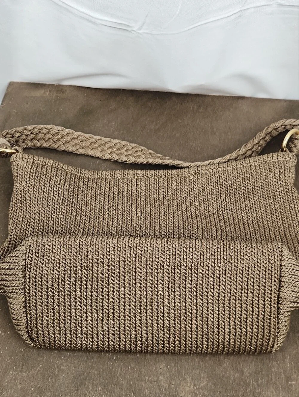 Lina Crochet Braided Boho Shoulder Bag - Cappuchino/Gold Thread